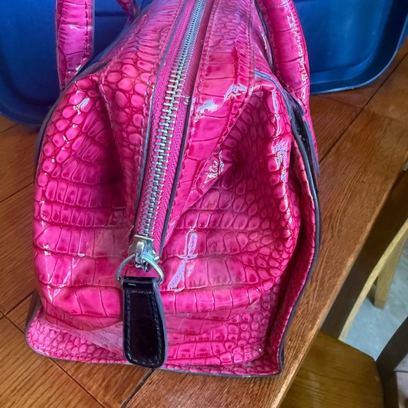 GUESS Hot Pink Croc-Embossed Satchel with Leopard Stripe - Picture 3 of 9